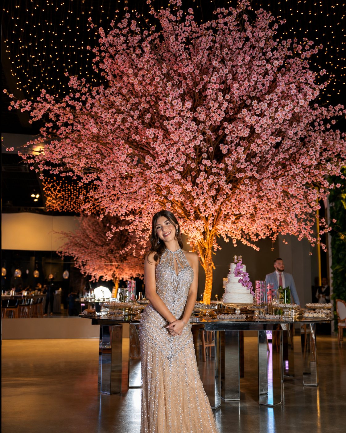 Debutante ao lado da mesa de doces sob cerejeira