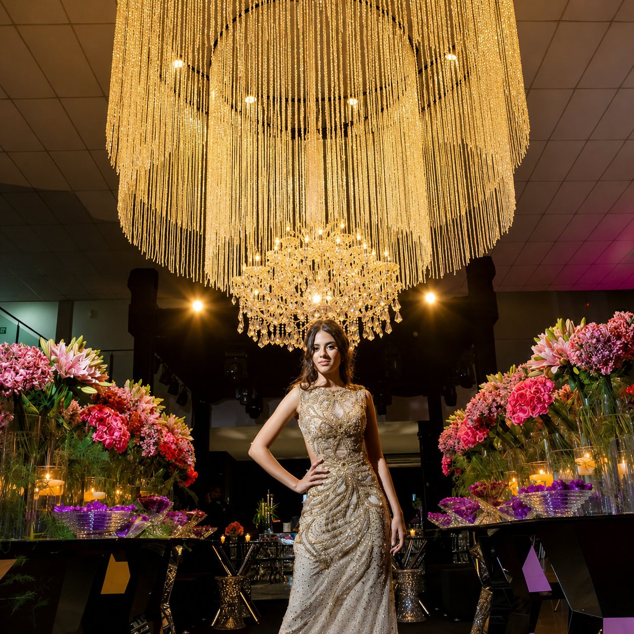 Debutante no salão decorado da festa de 15 anos